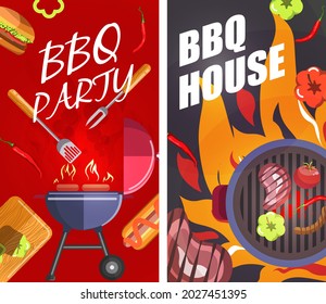 Barbecue party and fun at house, banners with grilling meat steaks and vegetables. Outdoors activities and weekends rest, preparing veggies on fire. European tasty cuisine. Vector in flat style