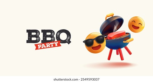 Barbecue party. Funny emoji characters, emoticons, grill with meat, 3D. Banner for concepts of grill party, picnic, fun in nature, and holiday. Vector illustration.