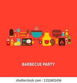 Barbecue Party Greeting Card. Flat Design Vector Illustration. BBQ Grill Poster.