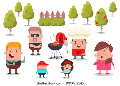 Barbecue party with happy family and friends. Vector cartoon flat picnic illustration of people in the park.