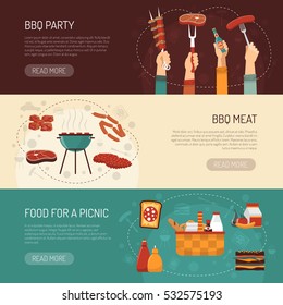 Barbecue party horizontal banners with food kit for picnic and grilled meat assortment flat vector illustration