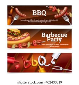 Barbecue party horizontal banners with hot dog skewer hamburger and sauce set vector illustration