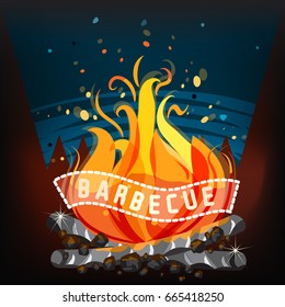 Barbecue party invitation. BBQ brochure menu design vector illustration. Campfire at night