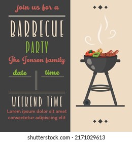 Barbecue party invitation. BBQ invite template in retro style. Summer barbecue picnic. Vintage bbq background with grill, steaks, meat food, vegetables, cutlery, text. Vector cartoon illustration	