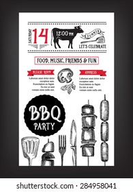 Barbecue party invitation. BBQ template menu design. Food flyer.