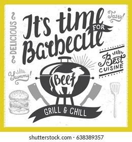 Barbecue party invitation. Design template with hand-drawn graphic elements in doodle style.