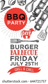 Barbecue party invitation. Design template with hand-drawn graphic elements in doodle style.