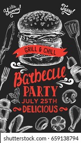 Barbecue party invitation. Design template with hand-drawn graphic elements in doodle style.