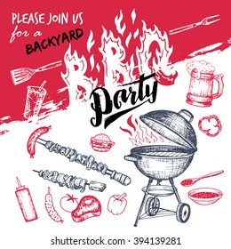 Barbecue party invitation. Hand drawn elements set in vintage sketch style isolated on white background. Tools, foods and drinks for bbq party. Hand lettering with brush calligraphy