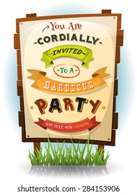 Barbecue Party Invitation On Wood Sign/
Illustration of a cartoon funny bbq party invitation for fourth of july national holiday celebration, on wood billboard with paper sign