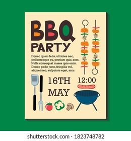 Barbecue party invitation sample on green background featuring barbecue and grill elements - tomato,bell pepper, champignon,sausage,barbecue maker, kitchen spatula, shish kebab,dispensing fork 