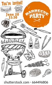 Barbecue party invitation template. Hand drawn BBQ and Grill design elements.Vector illustration 