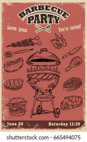 Barbecue party invitation template. Hand drawn BBQ and Grill design elements.Vector illustration 