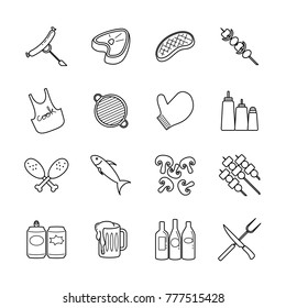 Barbecue Party Line Icon Set. Contain food for grill, tools, drink and more. Stroke line, editable, thin. Vector resize 
