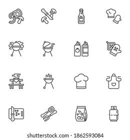 Barbecue party line icons set, outline vector symbol collection, linear style pictogram pack. Signs, logo illustration. Set includes icons as bbq food, beer bottle, fork and spatula, fresh vegetable