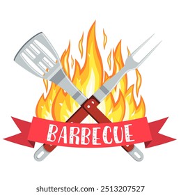 Barbecue party logo. Bbq and Grill icon with fire, fork and spatula. Vector illustration in flat style