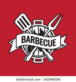 Barbecue party logo Sketch hand made vector on red background