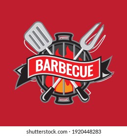 Barbecue party logo Sketch hand made vector on red background