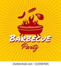 Barbecue party logo template with red maroon and illustrated of fork,spatula, sausage, meat, beef, and steak on yellow background. Can use for poster designs, party design, invitation, ad design