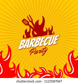 Barbecue party logo template with red maroon and illustrated of fork,spatula, sausage, meat, beef, fire and steak on yellow background. Can use for poster designs, party design, invitation, ad design