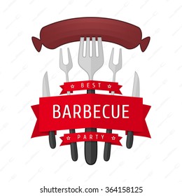 Barbecue party logo. Vector illustrations BBQ , fried sausage on a fork . Accessories BBQ , in the form of the logo for your posters, promotional announcements and web design.