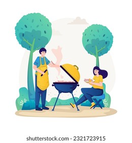 Barbecue-Party, Grillfleisch und Würstchen, flache Illustration