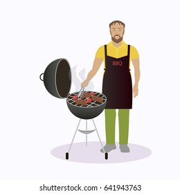 Barbecue party. A man is cooking bacon meat. Illustration in a flat style.Vector.