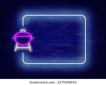 Barbecue party neon flyer. Grill bar. Empty white frame and pan icon. Vector stock illustration