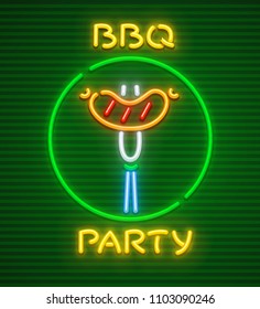 Barbecue party neon icon. Roasted at grill sausage on fork. EPS10 vector illustration.