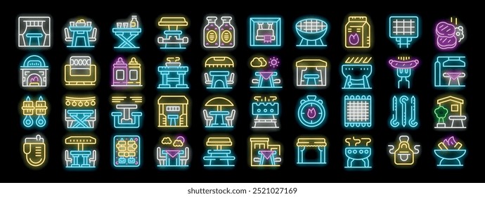 Barbecue party neon icons set vector. Barbecue bbq food and grill, meat and sauce, fire and table, house and park outdoor party illustrations