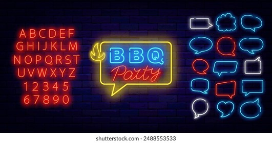 Grillparty Neon Label. Sprechblasen-Frames-Kollektion. Einladung zum Grillereignis. Leuchtendes rotes Alphabet. Bearbeitbarer Strich. Illustration der Vektorgrafik