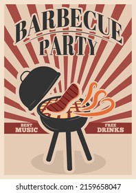 Barbecue party poster. Grilled juicy steak. BBQ. Vintage style. Party flyer. Vector illustration.