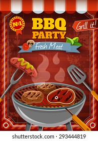 Barbecue party poster with hot meat and sausages on grill vector illustration