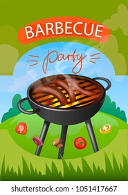 Barbecue party poster with sausages on the grill vector illustration