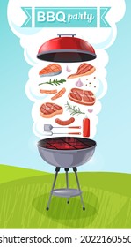 Barbecue party poster with steaks on grill. BBQ party poster with set of elements in cartoon style. Summer time. Cooking outdoors. Restaurant at home. Charcoal kettle with tool, sauce and food. Vector