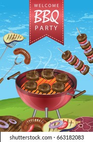 Barbecue party poster with steaks on grill, vegetables, meat on skewers and sausage vector illustration
