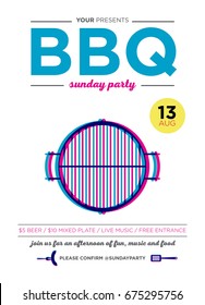 Barbecue party poster vector illustration. BBQ season opening party announcement flat poster with barbecue accessories event date and time abstract vector illustration