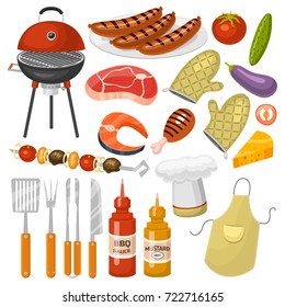 Barbecue party products BBQ grilling kitchen outdoor family time cuisine vector icons illustration