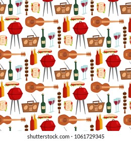 Barbecue party products kitchen outdoor family time cuisine lunch seamless pattern background vector illustration