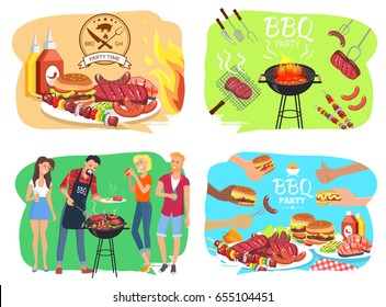 Barbecue party with roasted meet, people with drinks, tasty hamburgers, grilled sausages, red ketchup and yellow mustard vector illustrations set.