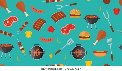 Barbecue party seamless pattern with grills burgers steaks sausages and peppers on a bright teal colored background.