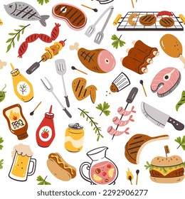 Barbecue party seamless pattern with meat, burgers, sausages and barbecue utensils. Isolated elements on white background. Hand-drawn vector illustration.