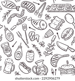 Barbecue party seamless pattern with meat, burgers, sausages and barbecue utensils. Isolated doodle elements on white background. Hand-drawn vector illustration.