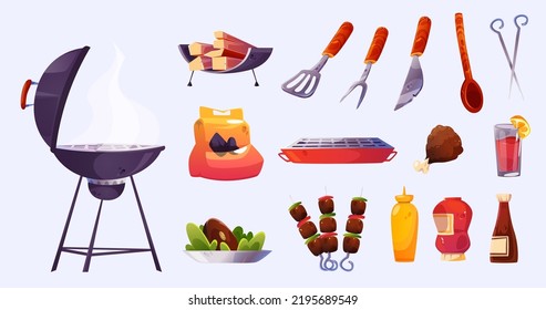 Barbecue party set with bbq grill, roast meat, sauces, fork, knife and spatula. Barbeque cooking equipment with skewers, coal, woodpile and cutlery isolated on white background, vector cartoon set