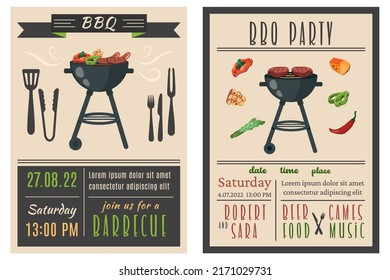 Barbecue party. Set of BBQ invitation in retro style. Summer barbecue picnic. Vintage bbq background with grill, steaks, meat food, vegetables, cutlery, text. Vector cartoon illustration	