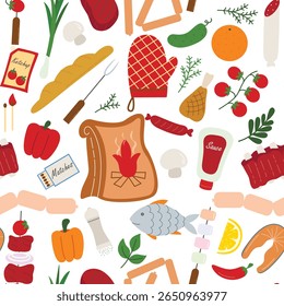 Festa de churrasco definir padrão sem costura. Fundo com carne frita, bifes, frango, salsichas, legumes, molhos. Fim de semana, conceito de churrasco. Impressão de piquenique, gráficos vetoriais