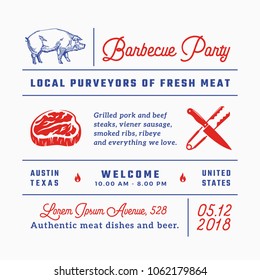 Barbecue Party Signs, Titles, Inscriptions and Menu Decoration Elements Set. Premium Quality Retro Typography Layout with Hand Drawn Pig Illustration. Vintage Label or Invitation Template. Isolated.