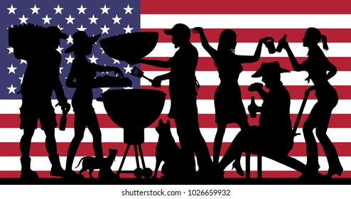 Barbecue Party Silhouette in front of USA Flag. The silhouette image is in a different layer and it can be use without the flag image. 