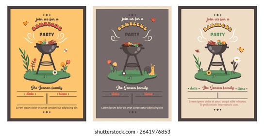 Barbecue party. Summer picnic. Set of BBQ card in retro style. Summer barbecue picnic. Bbq background with grill, steaks, meat food, vegetables, cutlery, text. Vector cartoon illustration