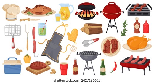 Barbecue party tools. BBQ picnic elements. Barbeque food. Summer event. Cooking beef on grill or open fire. Fish and meat steaks. Grilling vegetable pieces. Chef apron